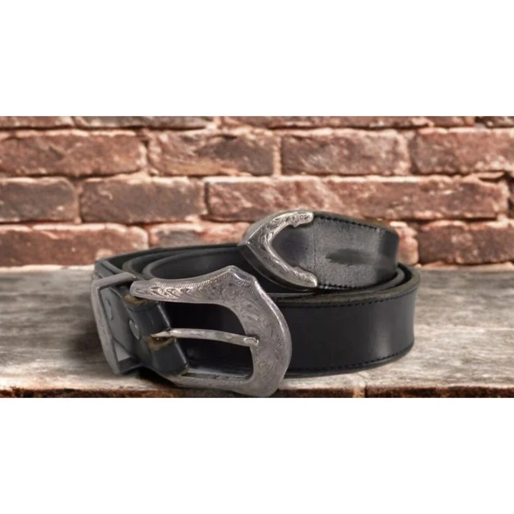 Genuine Black Leather Belt Silver Buckle Casual Men's Size 40 Solid 1